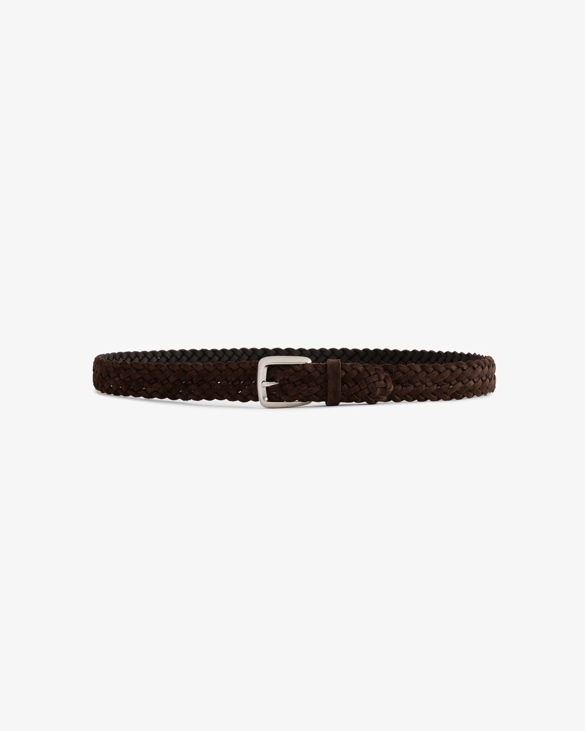 Braided Suede Belt in dark brown with a silver buckle, shown on a white background.