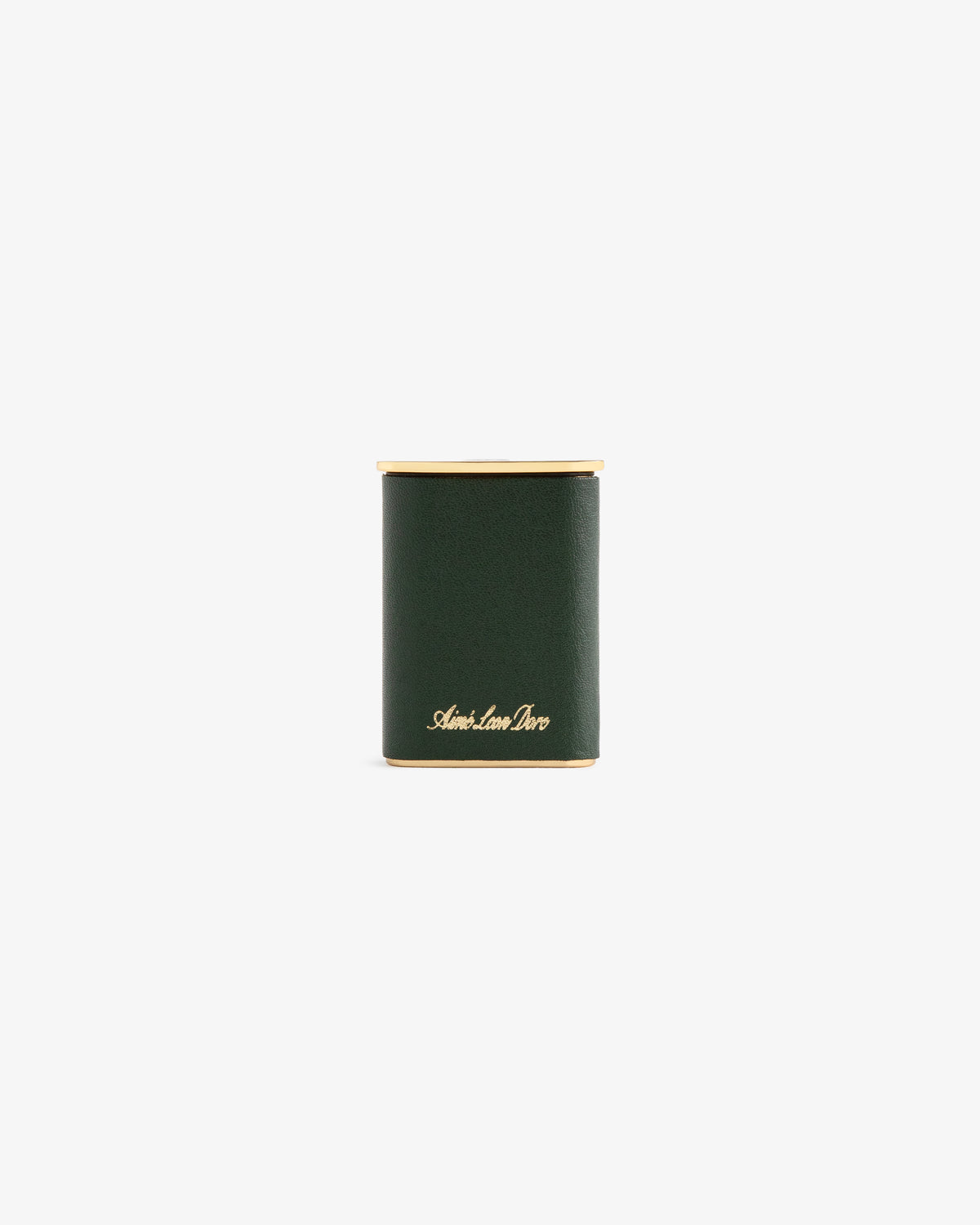 A small, dark green Queens Crest Leather Portable Ashtray with gold trim and script, shown on a white background.