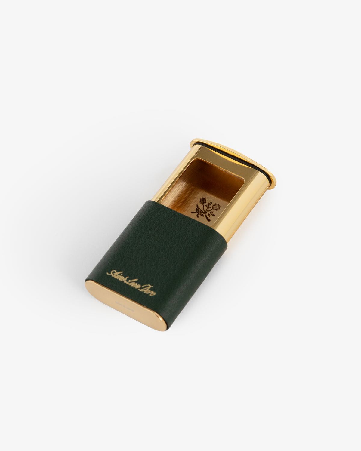 Queens Crest Leather Portable Ashtray with gold and green case, floral logo, and text on white background.