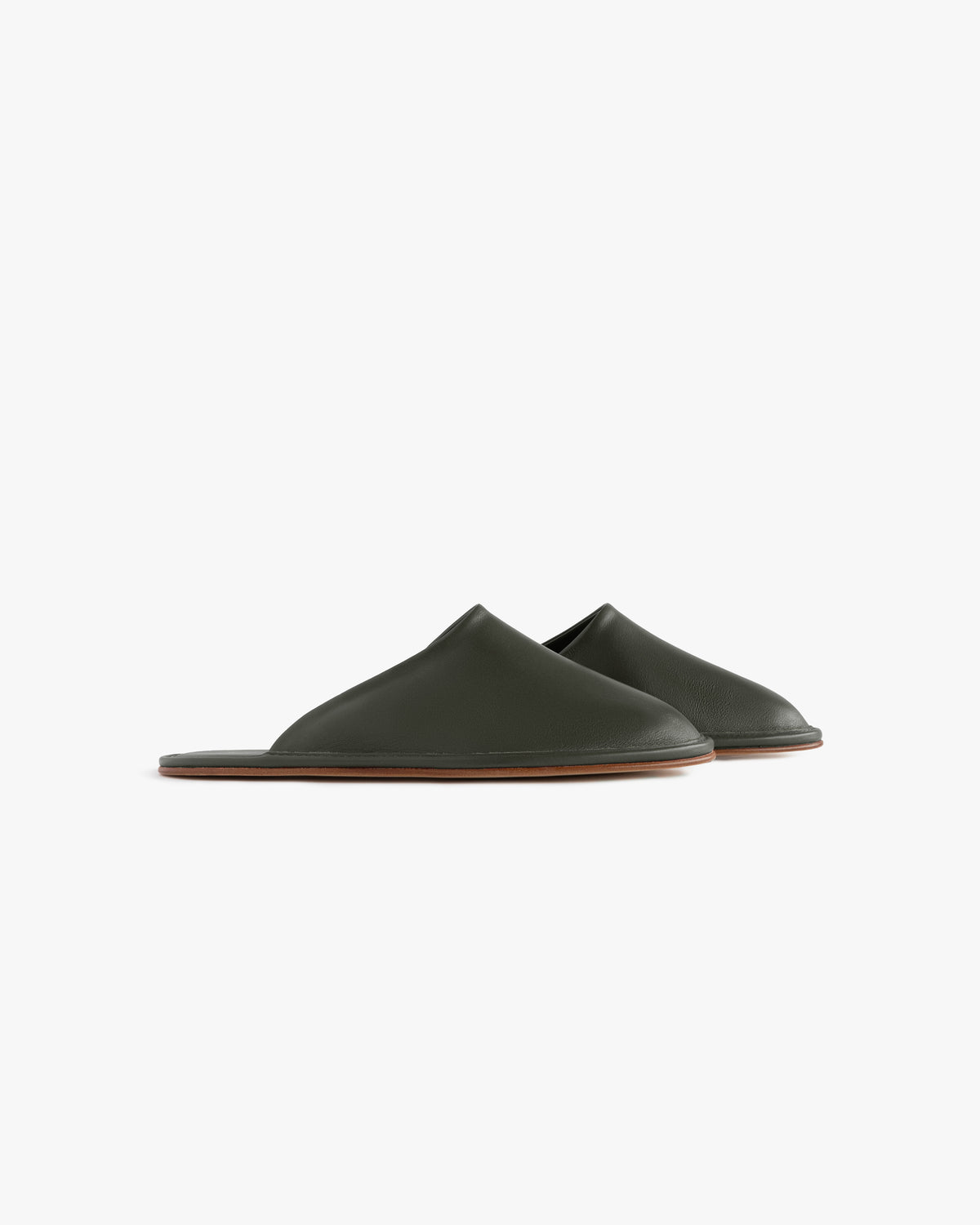 Leather Travel Slippers in dark green with flat brown soles, shown side by side on a white background.