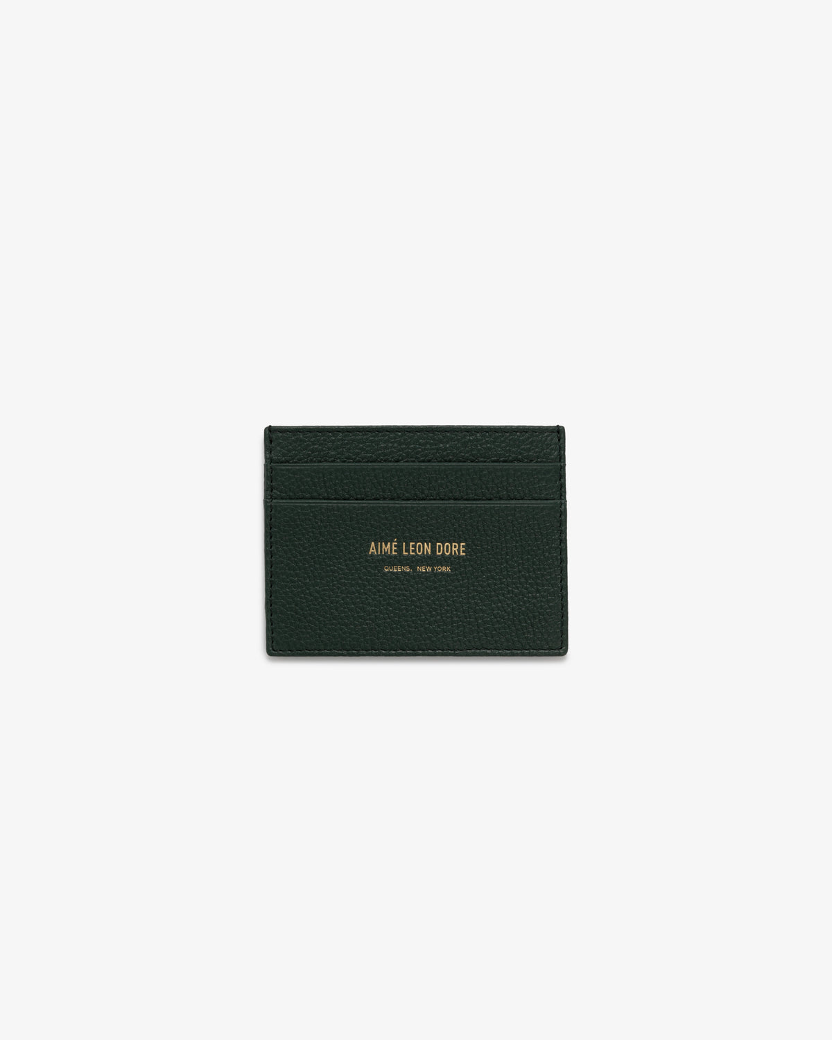 Dark green Leather Card Holder with AIMÉ LEON DORE and NEW YORK in gold text on the front.