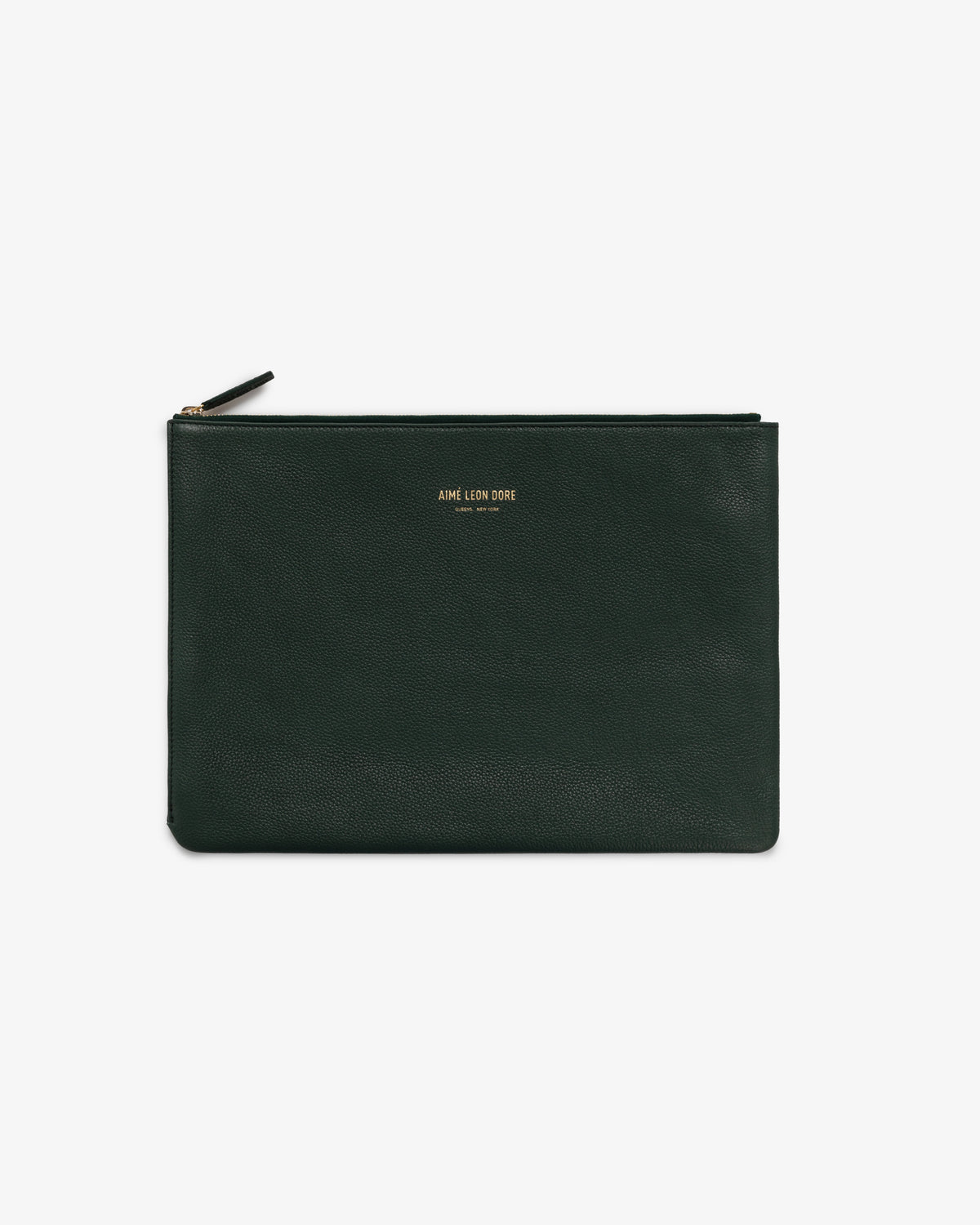 Medium Leather Pouch in dark green leather with zip closure and AIMÉ LEON DORE in gold lettering on the front.