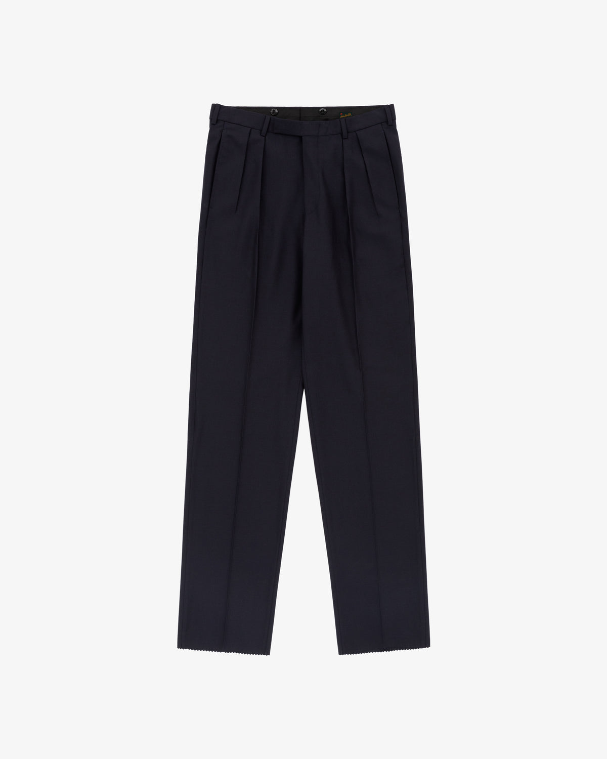 Tropical Wool Suit Trouser in navy blue with pleats and a straight leg, shown on a white background.