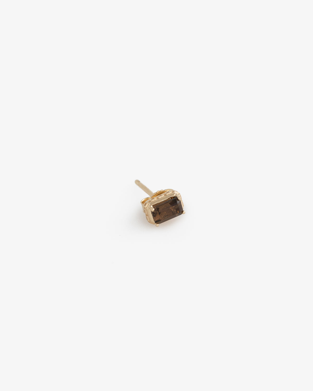 14Kt Gold Smoky Quartz Earring featuring a single gold stud with a rectangular brown gemstone on white background.
