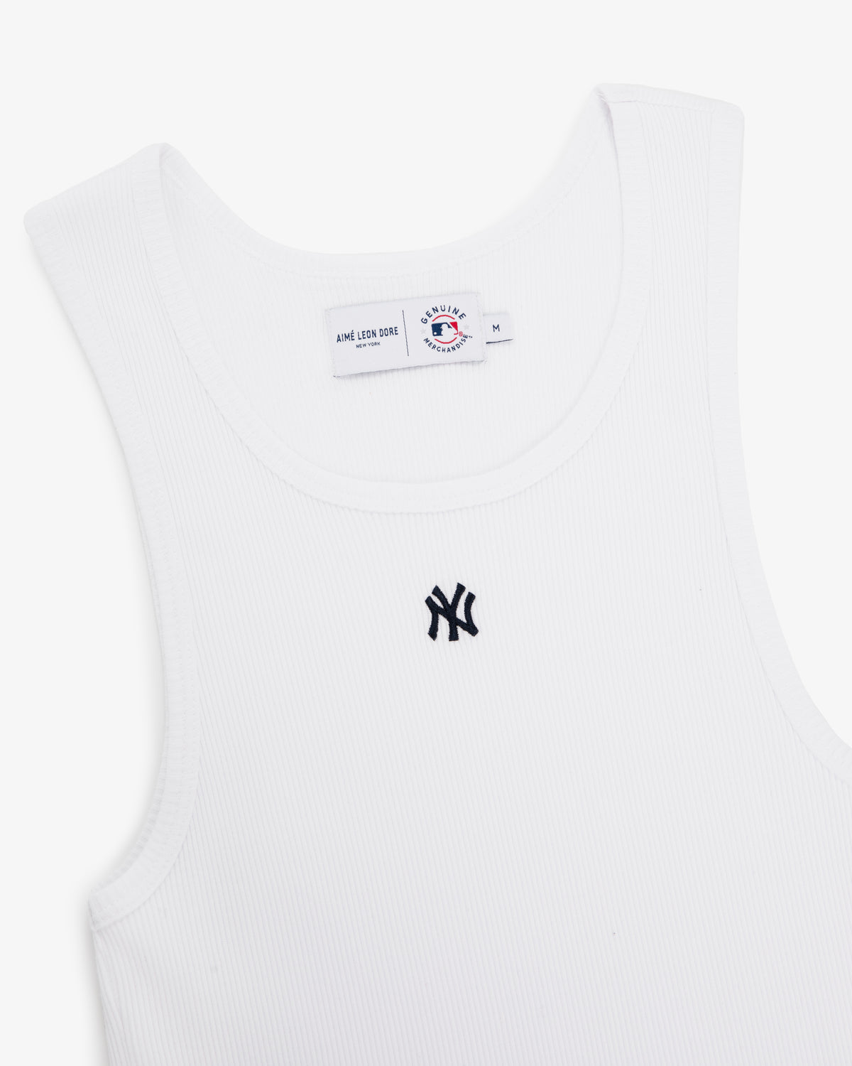 Yankees Tank Top: White ribbed tank with New York Yankees logo and Aimé Leon Dore label near the collar.