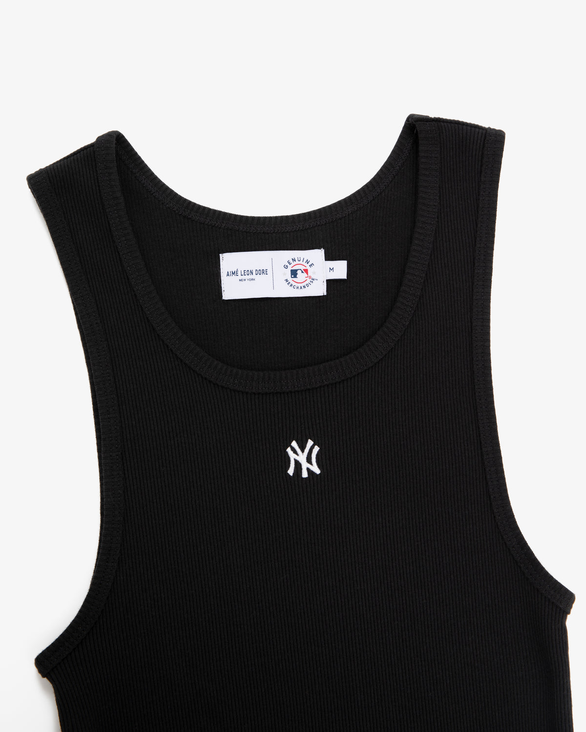 Yankees Tank Top: Black ribbed with white New York Yankees logo on chest and tag inside collar.