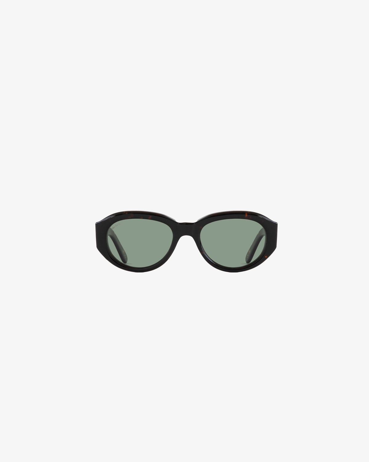 Jackie O Sunglasses: black oval frames with green-tinted lenses on a plain white background.
