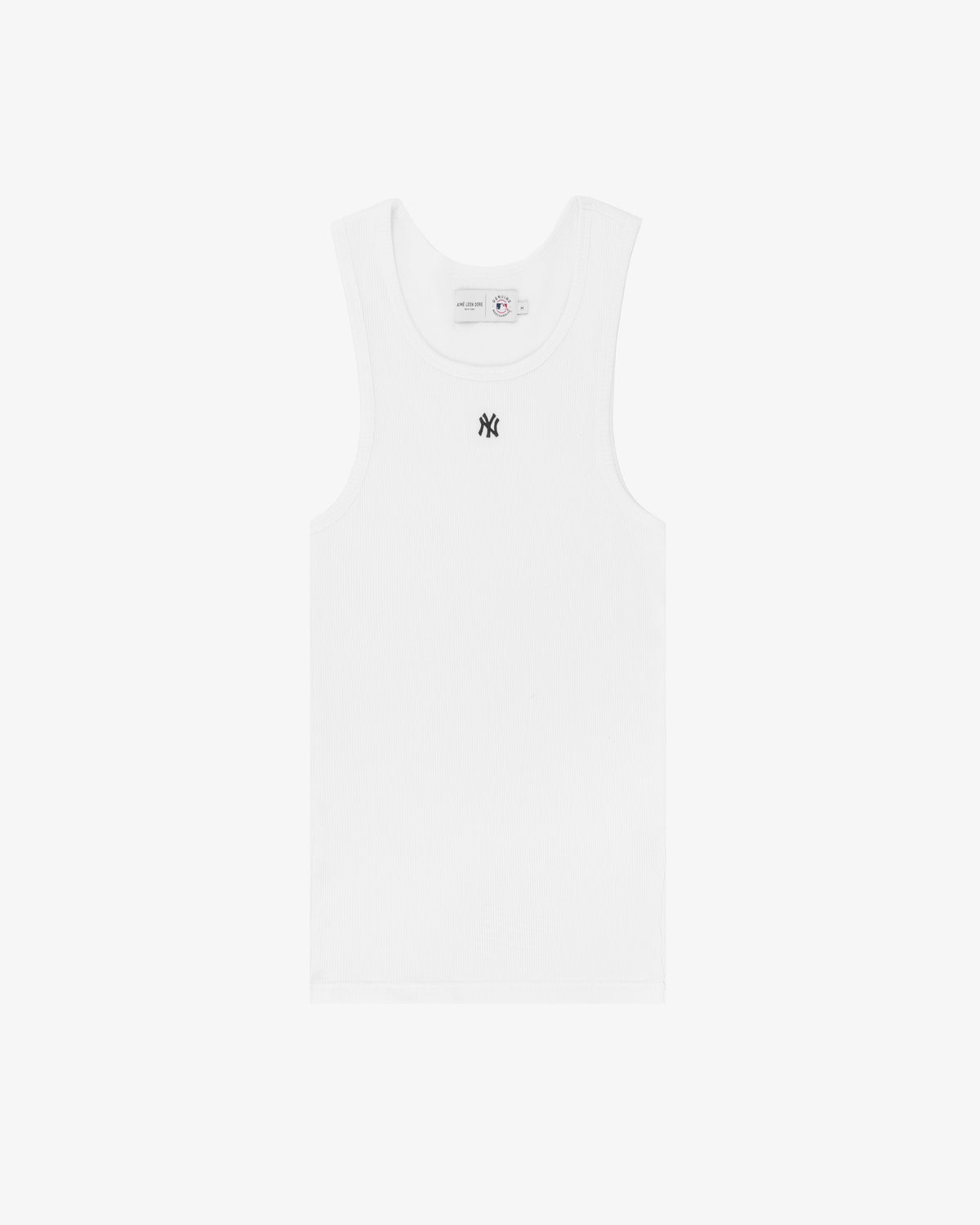 Yankees Tank Top: White sleeveless top with a small black NY logo on the chest, shown on a white background.