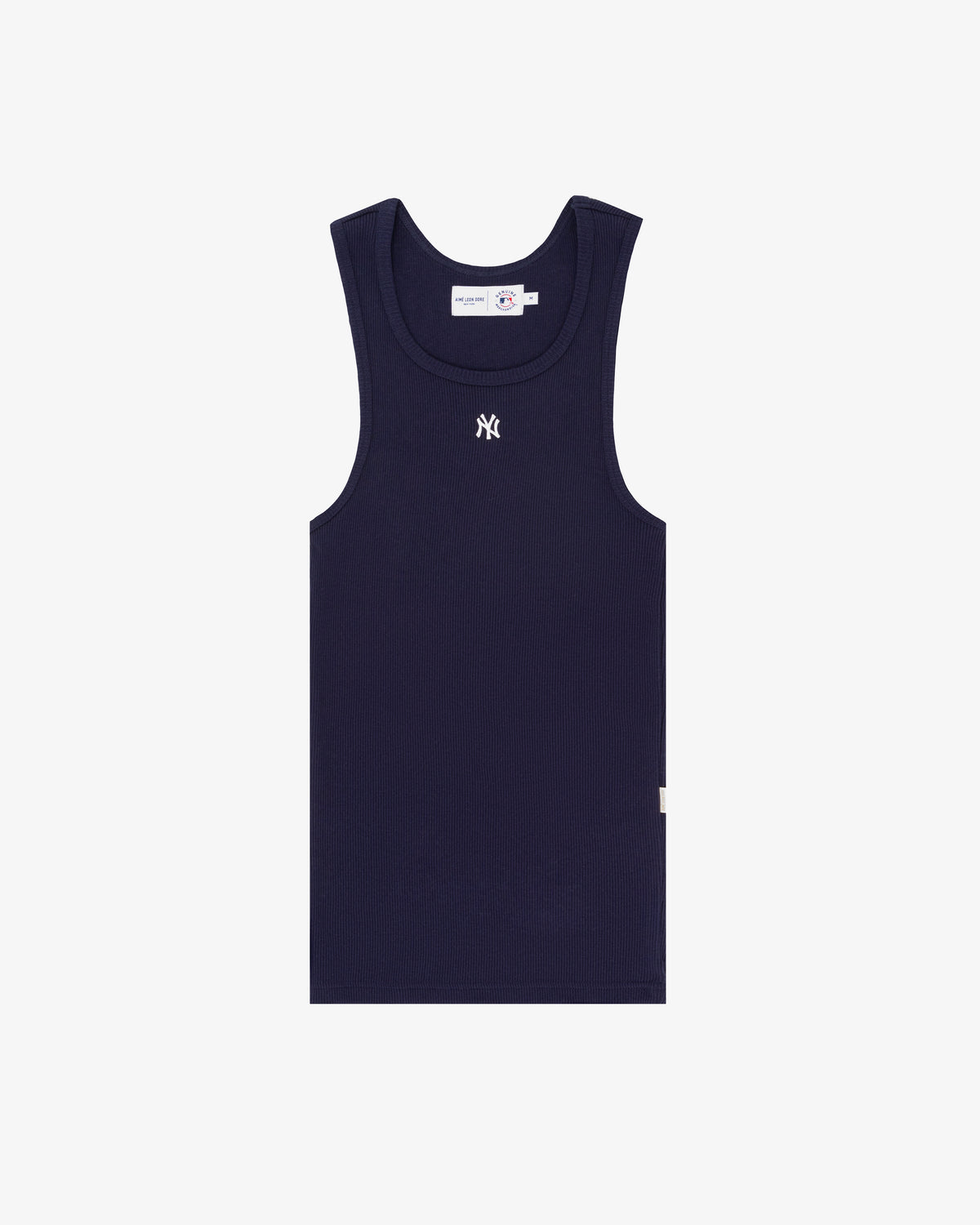 Yankees Tank Top in navy blue, sleeveless with ribbed fabric and small white NY logo, shown on a white background.