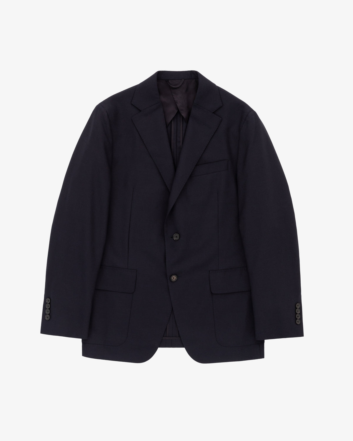 Tropical Wool Suit Jacket in dark navy with two buttons and three front pockets, laid flat on white background.