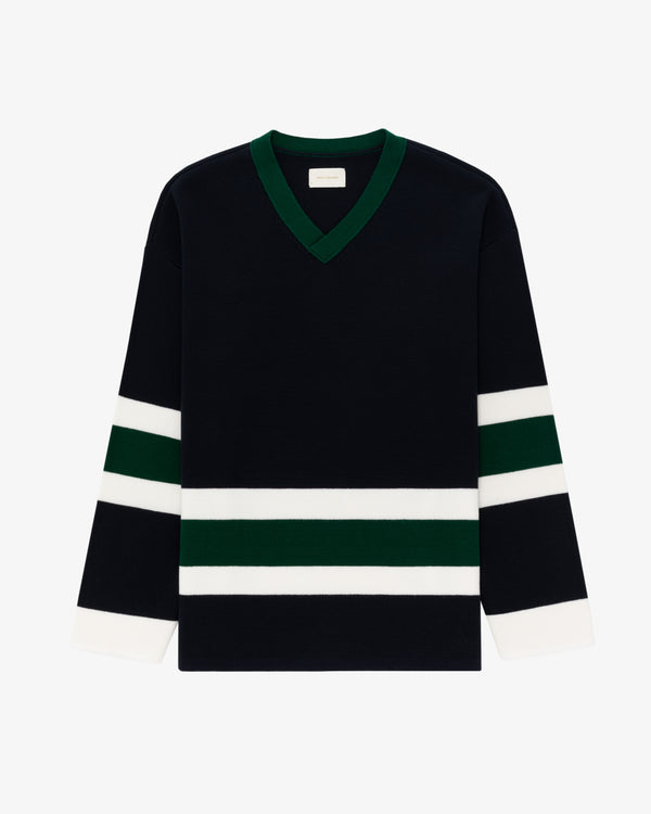 A black SS23 Car Keys V-neck sweater with green and white stripes on sleeves and lower body, laid flat on white.