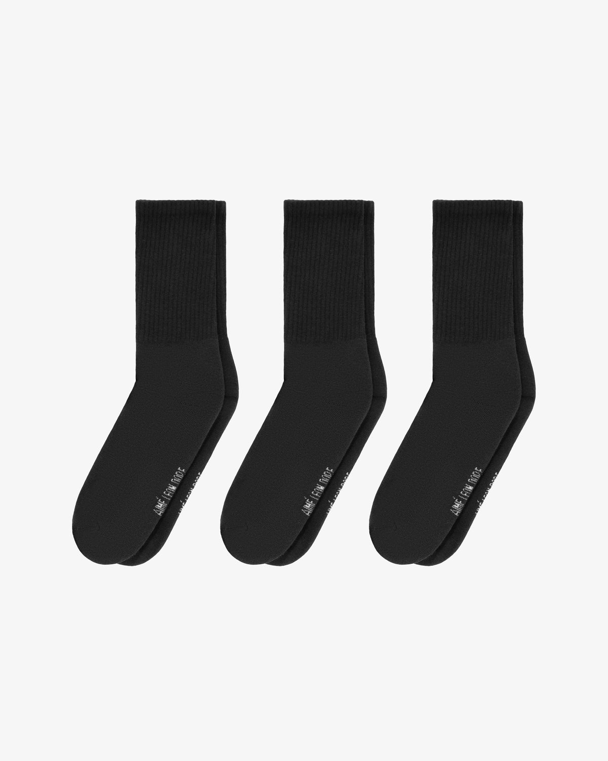 Crew Sock 3-Pack: three pairs of plain black crew socks displayed in a row on a white background.