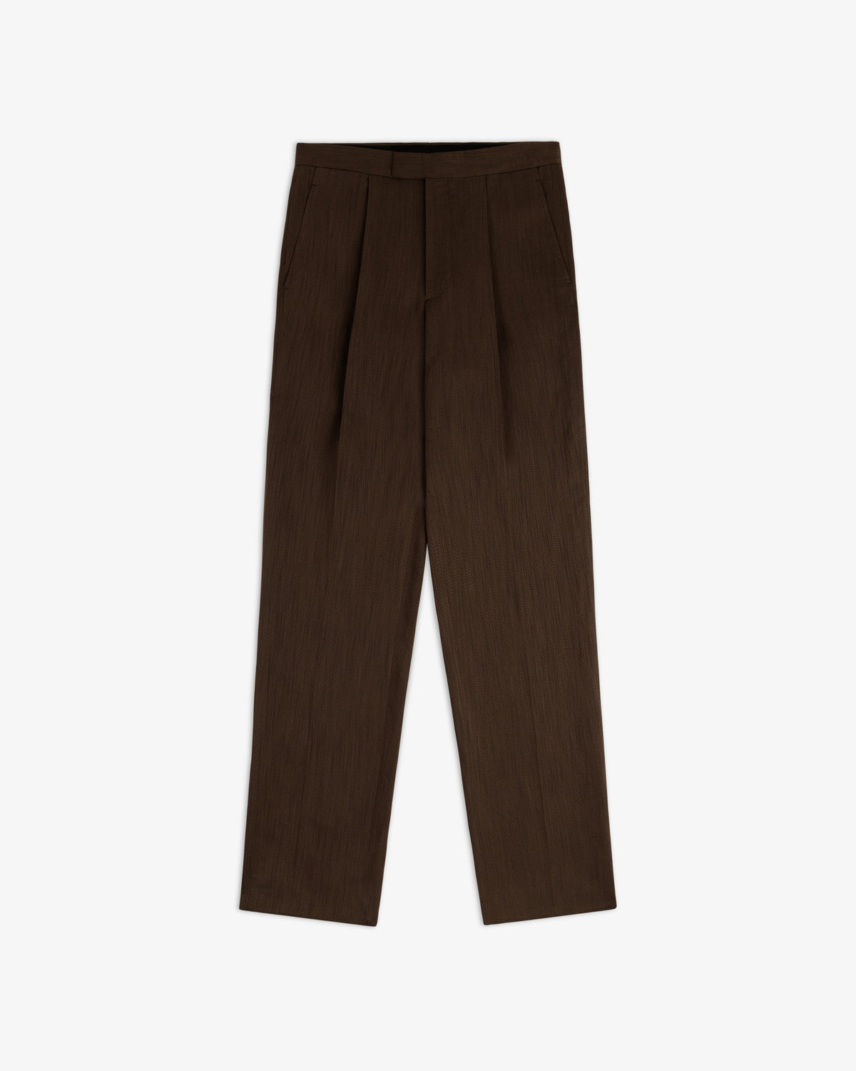 Linen Blend Suit Trouser in dark brown with front pleats, straight legs, and side pockets, laid on white background.