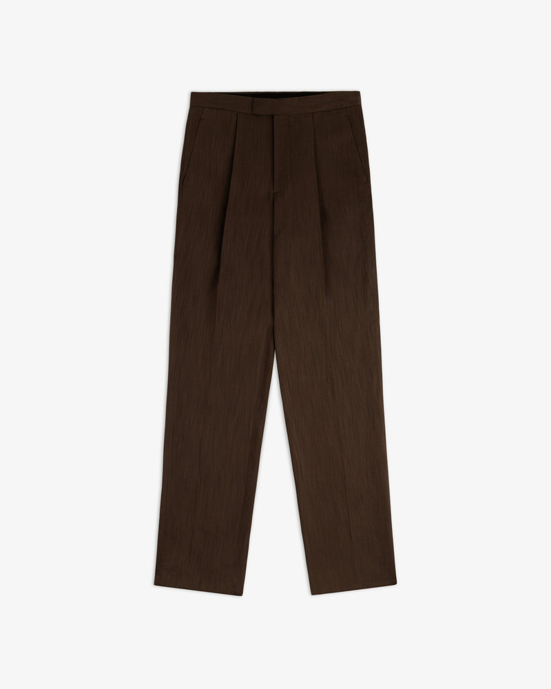 Linen Blend Suit Trouser in dark brown with front pleats, straight legs, and side pockets, laid on white background.