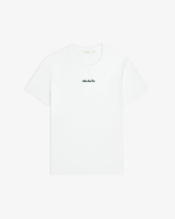 White Shrunken Script Tee with black cursive script text centered on the chest.