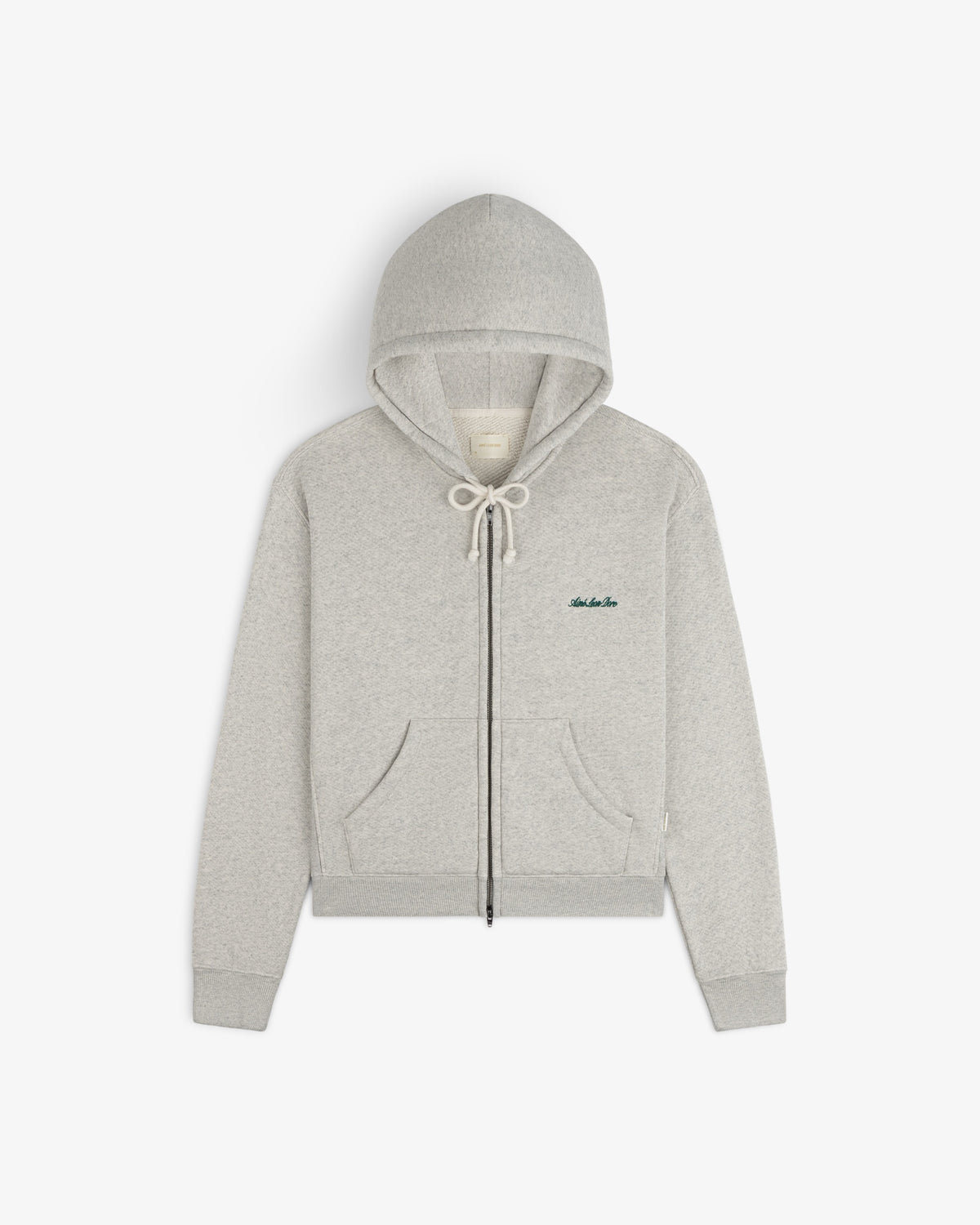 Script Full Zip Hoodie in light gray with white drawstrings and green cursive embroidery on the chest.