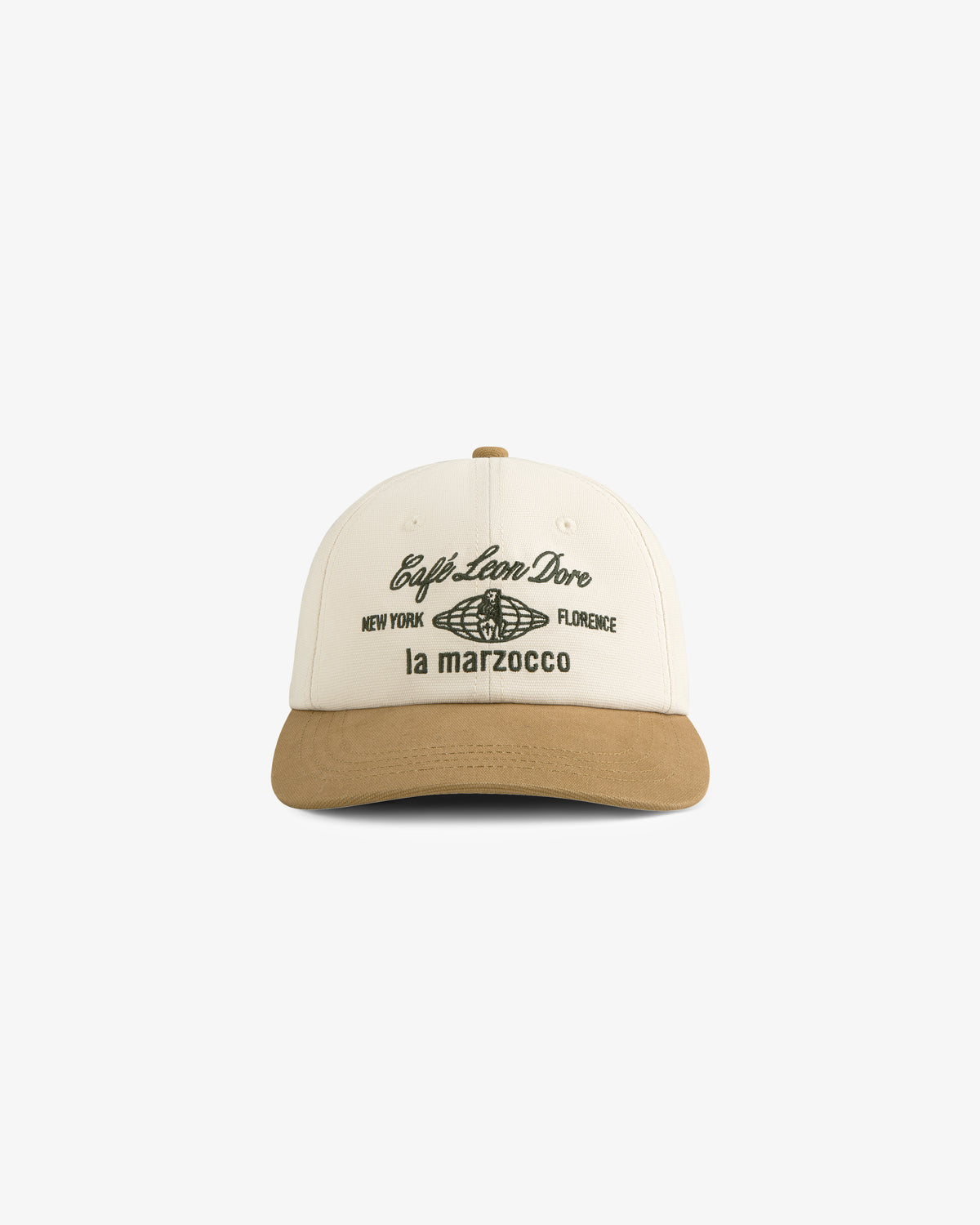 Cream and tan Café Leon Dore / La Marzocco Hat with black text and logos on the front.