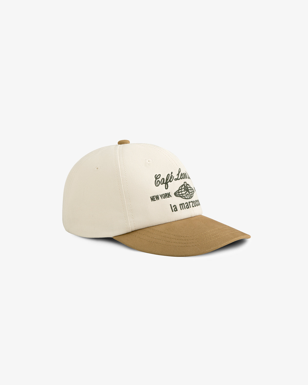Cream and brown Café Leon Dore / La Marzocco Hat featuring a coffee cup graphic and New York text on the front.