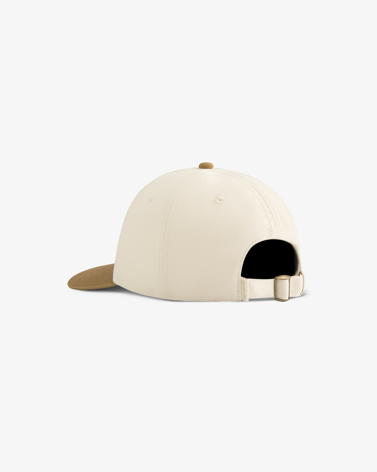 Rear view of the Café Leon Dore / La Marzocco Hat, cream-colored with a brown brim and adjustable strap, on white.