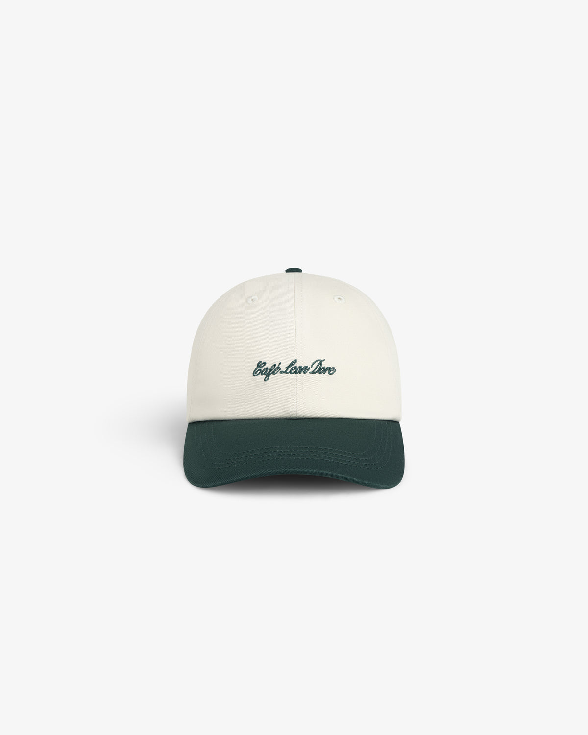 Café Leon Dore Script Hat: White cap with dark green brim and trip.love.live embroidered in green script on the front.