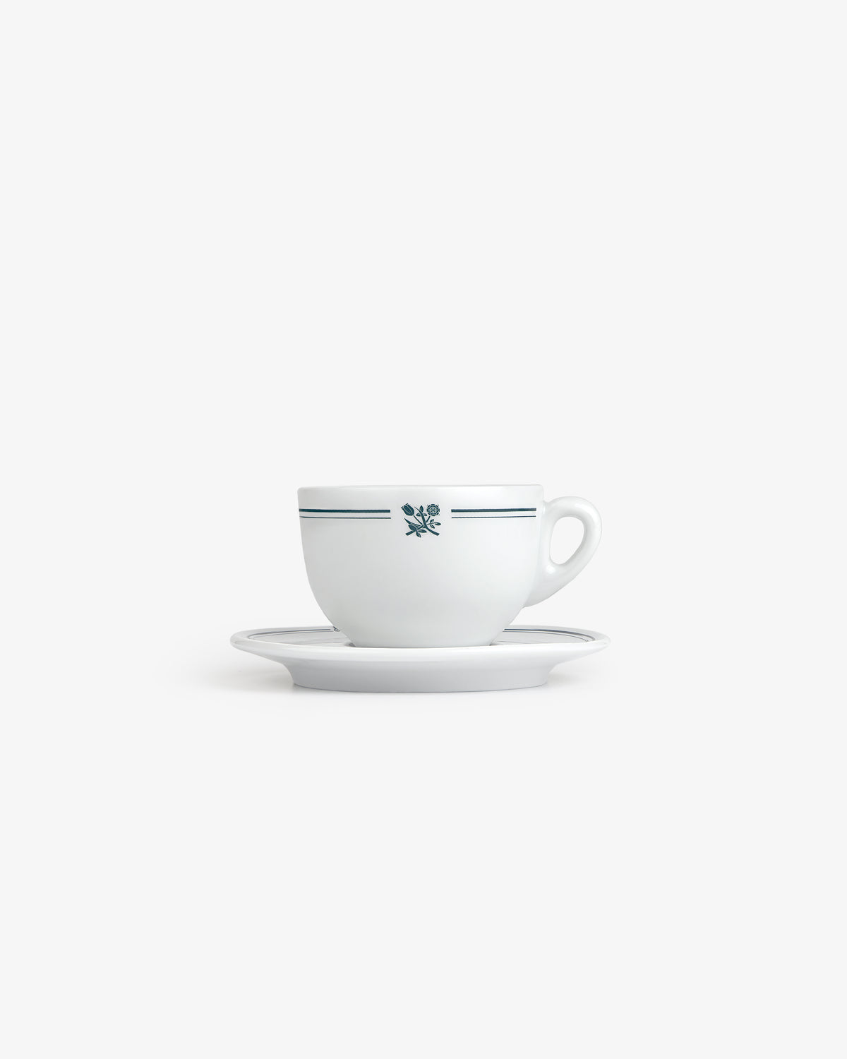 Café Leon Dore Cappuccino Cup & Saucer (Set of 6), white with green stripes and handle, on plain background.