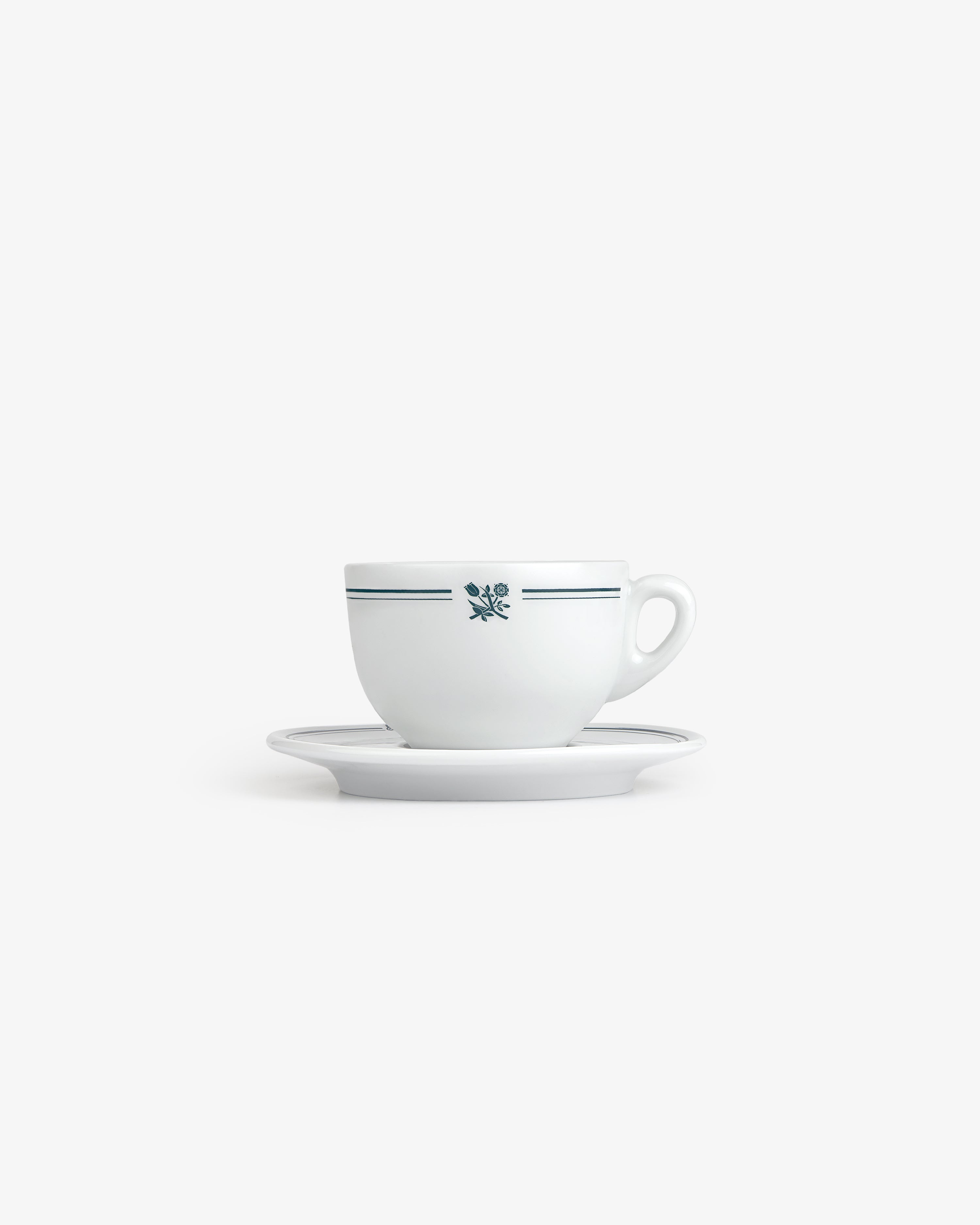 Café Leon Dore Cappuccino Cup & Saucer (Set of 6), white with green stripes and handle, on plain background.