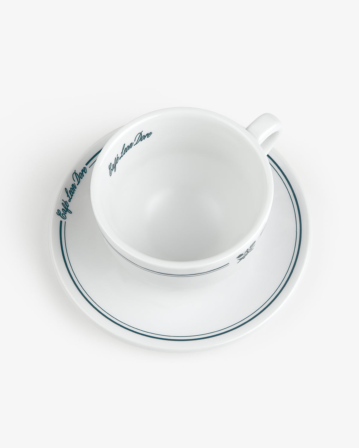 Set of 6 Café Leon Dore cappuccino cups & saucers, white with blue lines and text, shown on a white background.