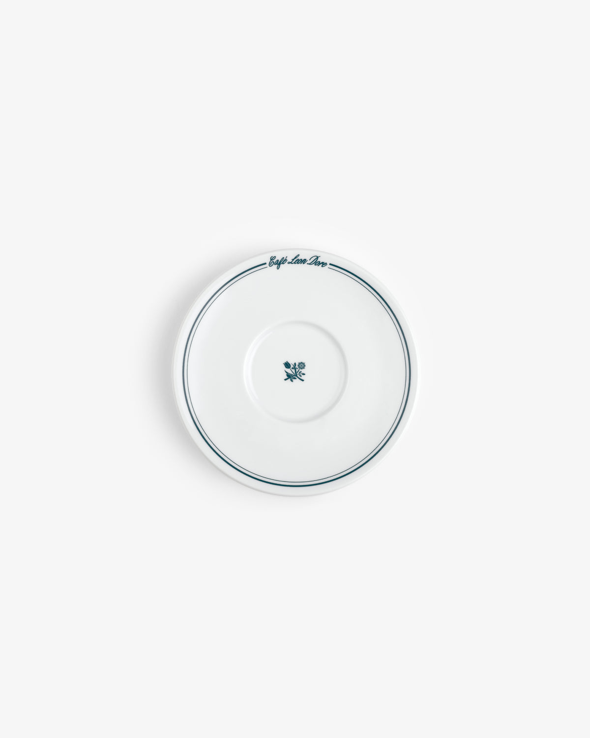 Café Leon Dore cappuccino saucer, white with a thin blue rim, small flower detail, set of 6.