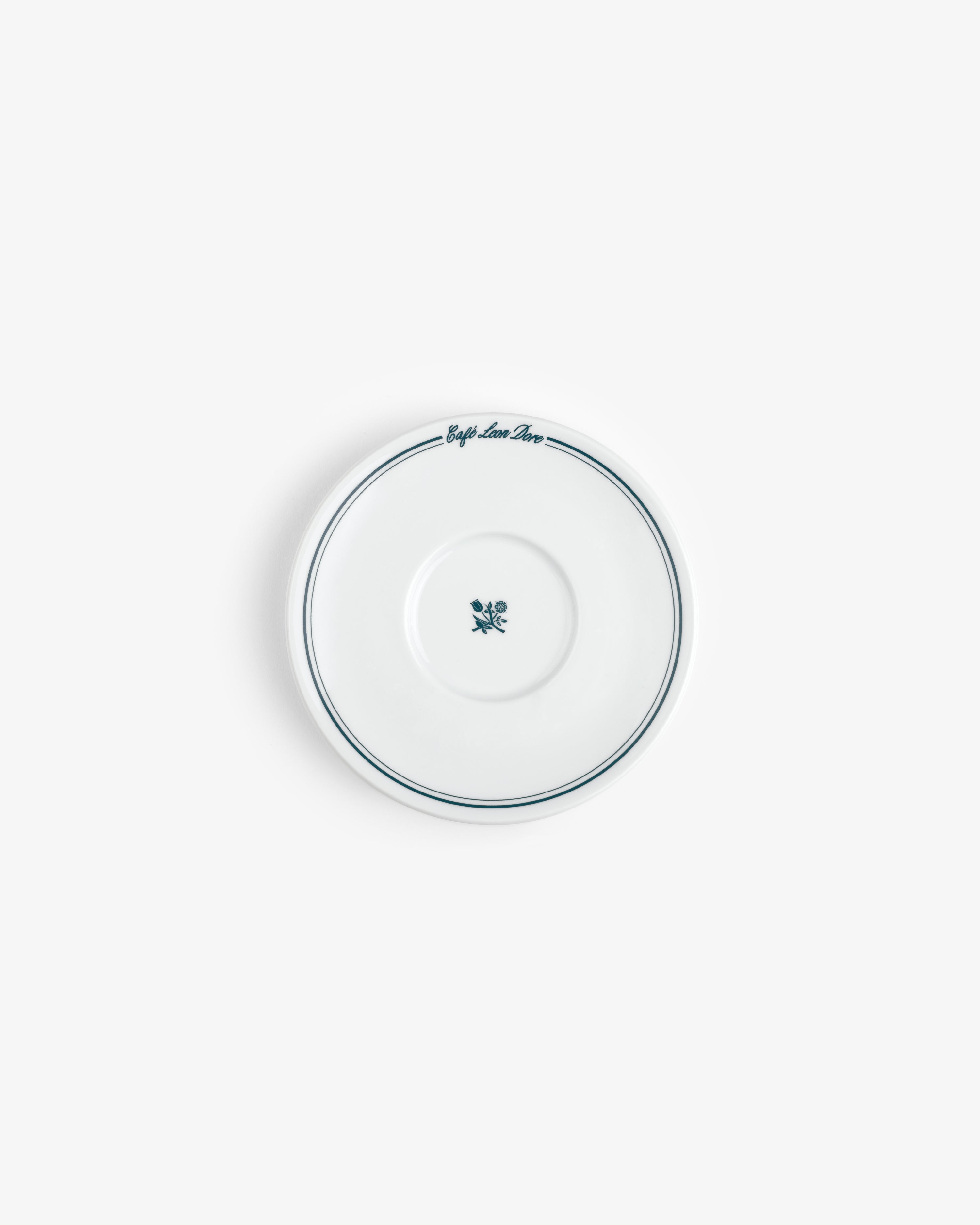 Café Leon Dore cappuccino saucer, white with a thin blue rim, small flower detail, set of 6.