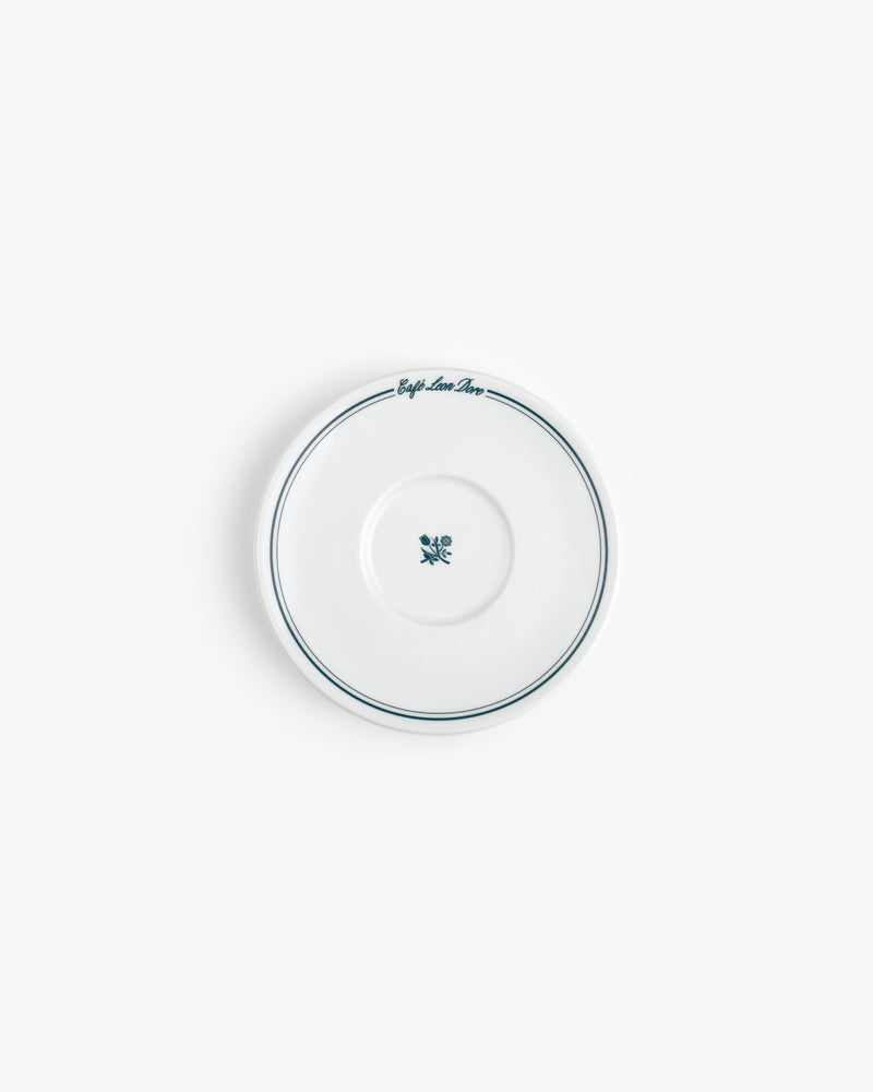 Café Leon Dore cappuccino saucer, white with a thin blue rim, small flower detail, set of 6.