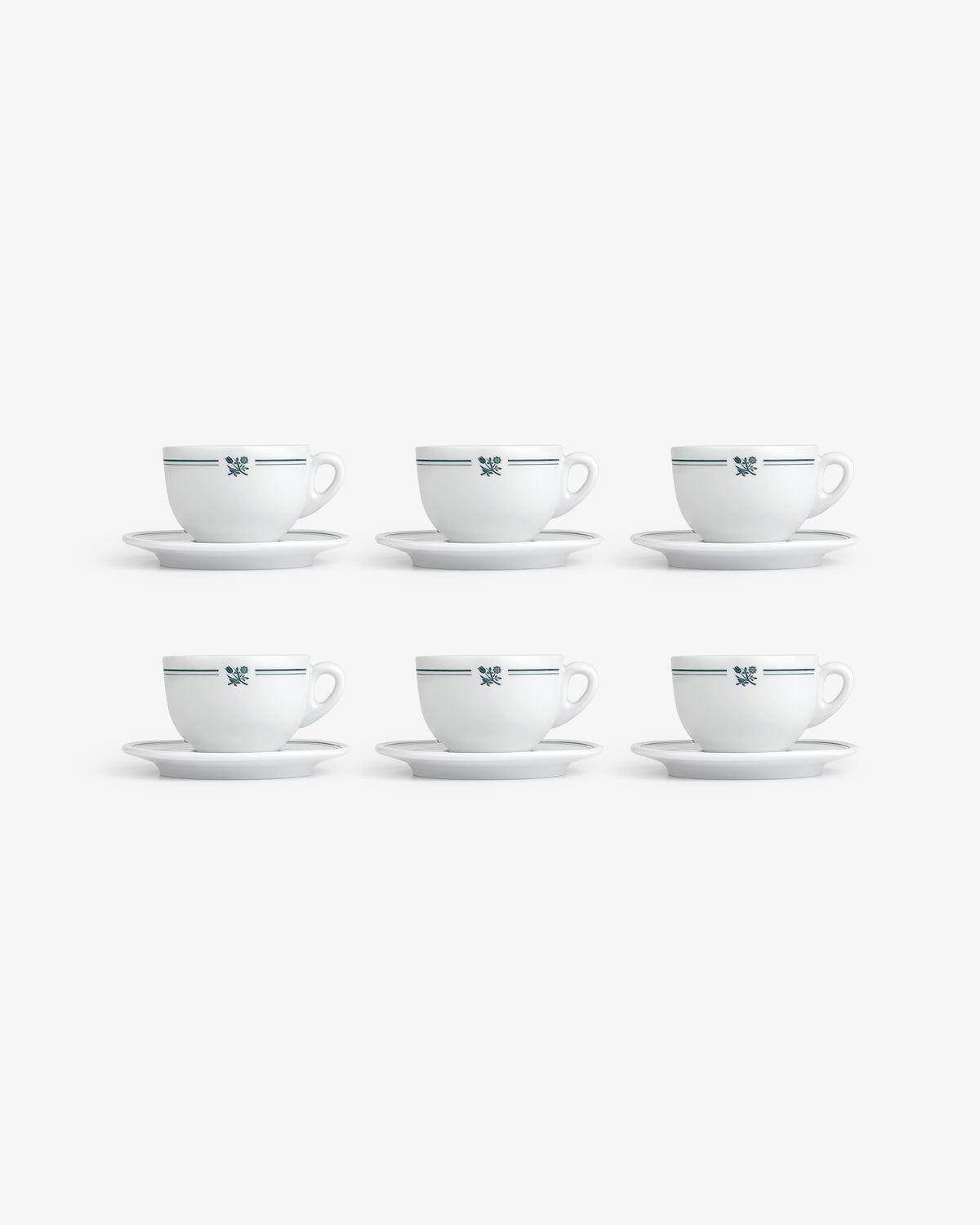 Set of 6 Café Leon Dore cappuccino cups with saucers, white with blue pattern, arranged in two rows on white background.