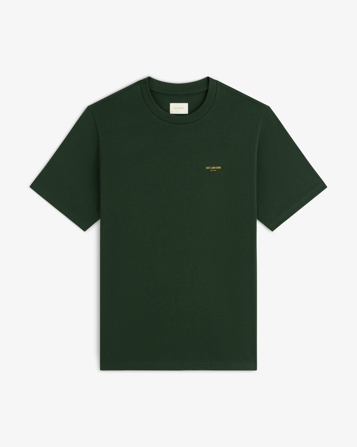 Café Leon Dore Logo Tee: dark green, short sleeves, small yellow chest text, shown on white background.