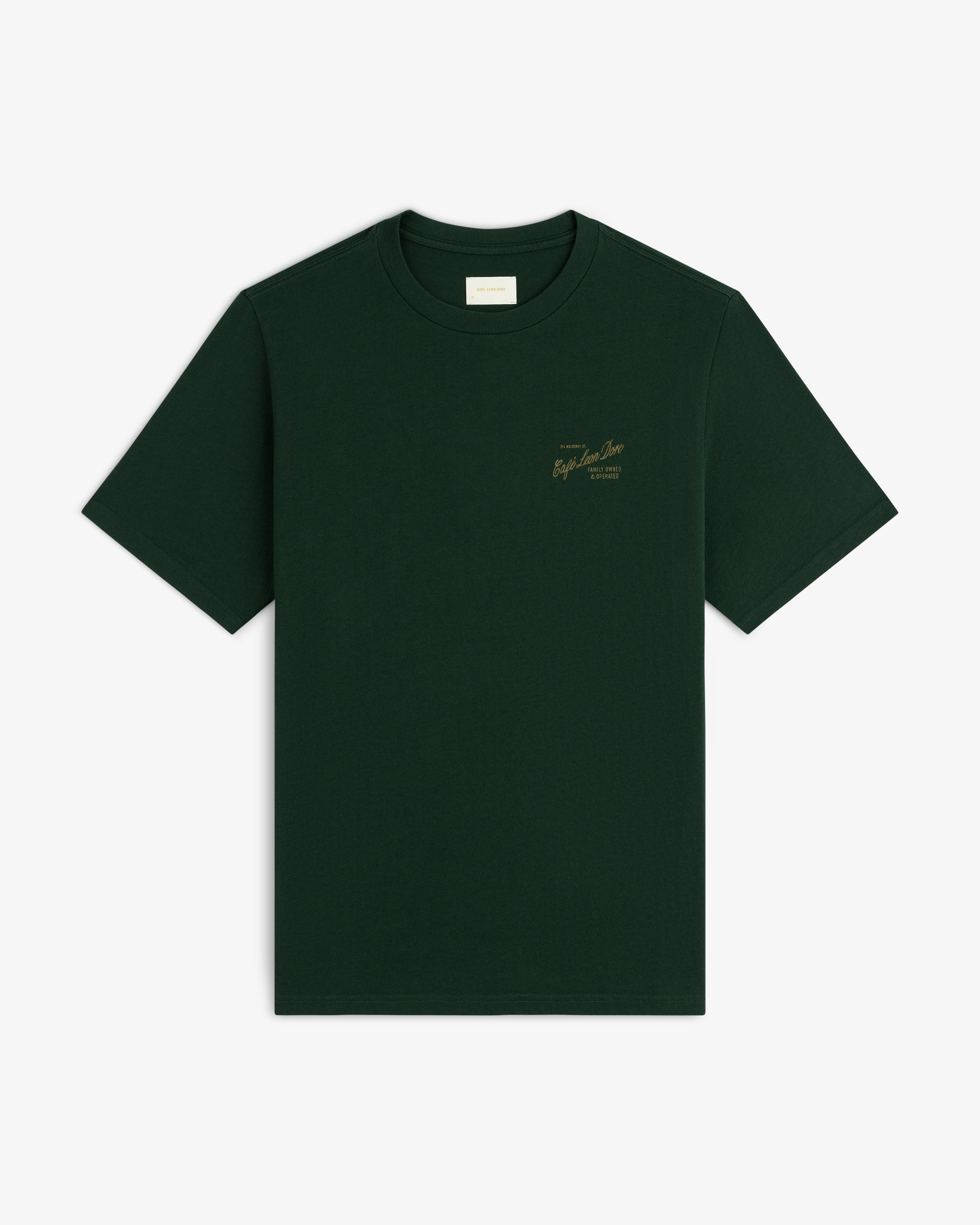 Café Leon Dore Mulberry Tee in dark green with gold chest text, shown on a white background.