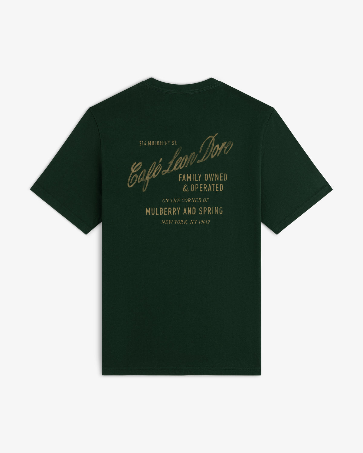 Café Leon Dore Mulberry Tee: dark green with gold “Café Leon Dore, Family Owned & Operated, Mulberry and Spring”.