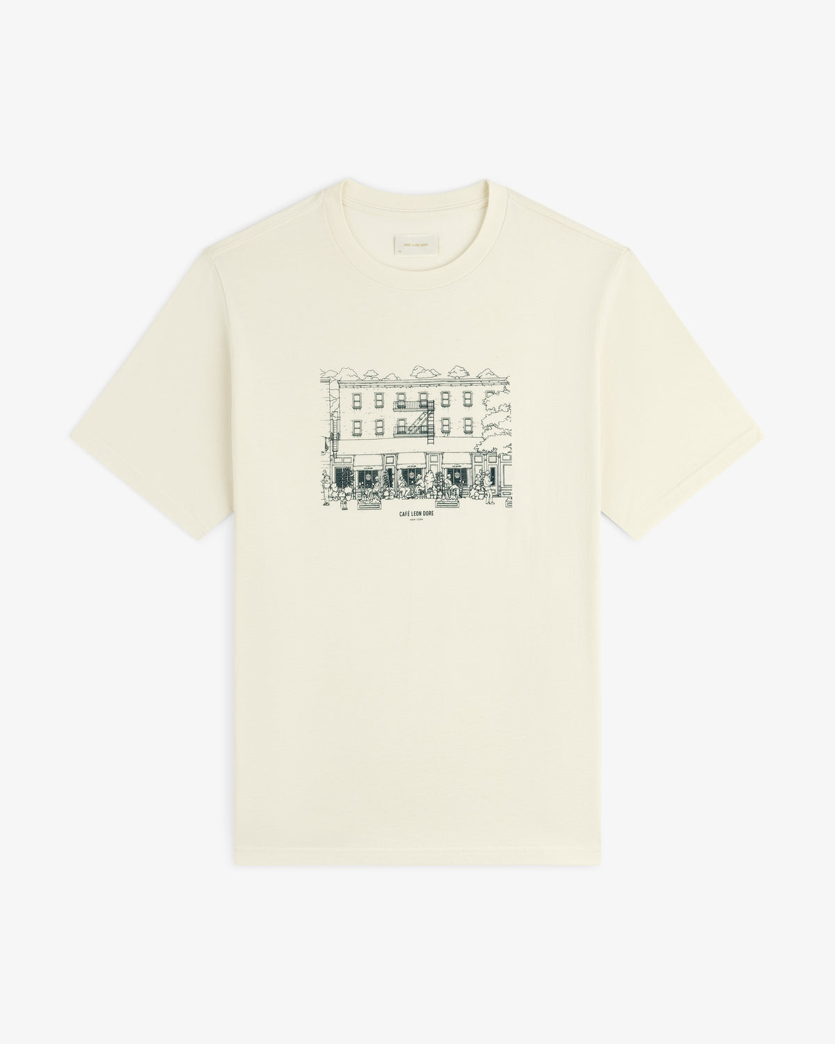 Off-white Café Leon Dore Storefront Tee with line art building and small chest text.