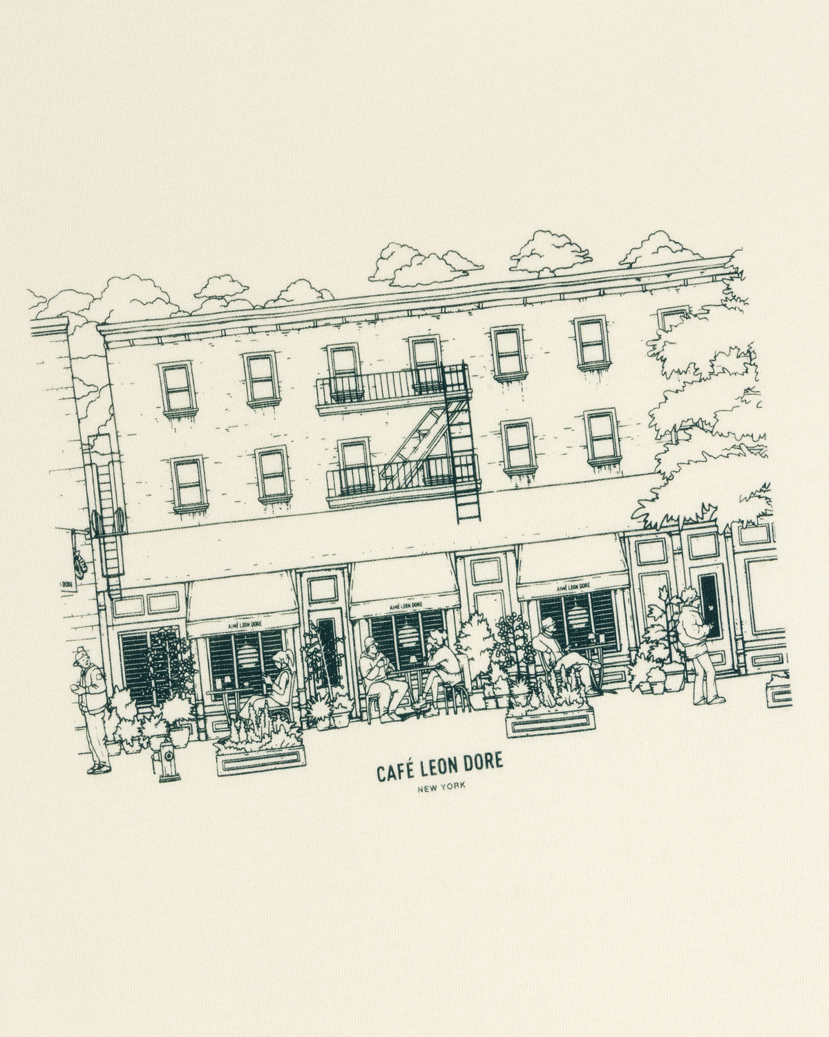 Line drawing of café with people outside; text reads Café Leon Dore New York. Café Leon Dore Storefront Tee.