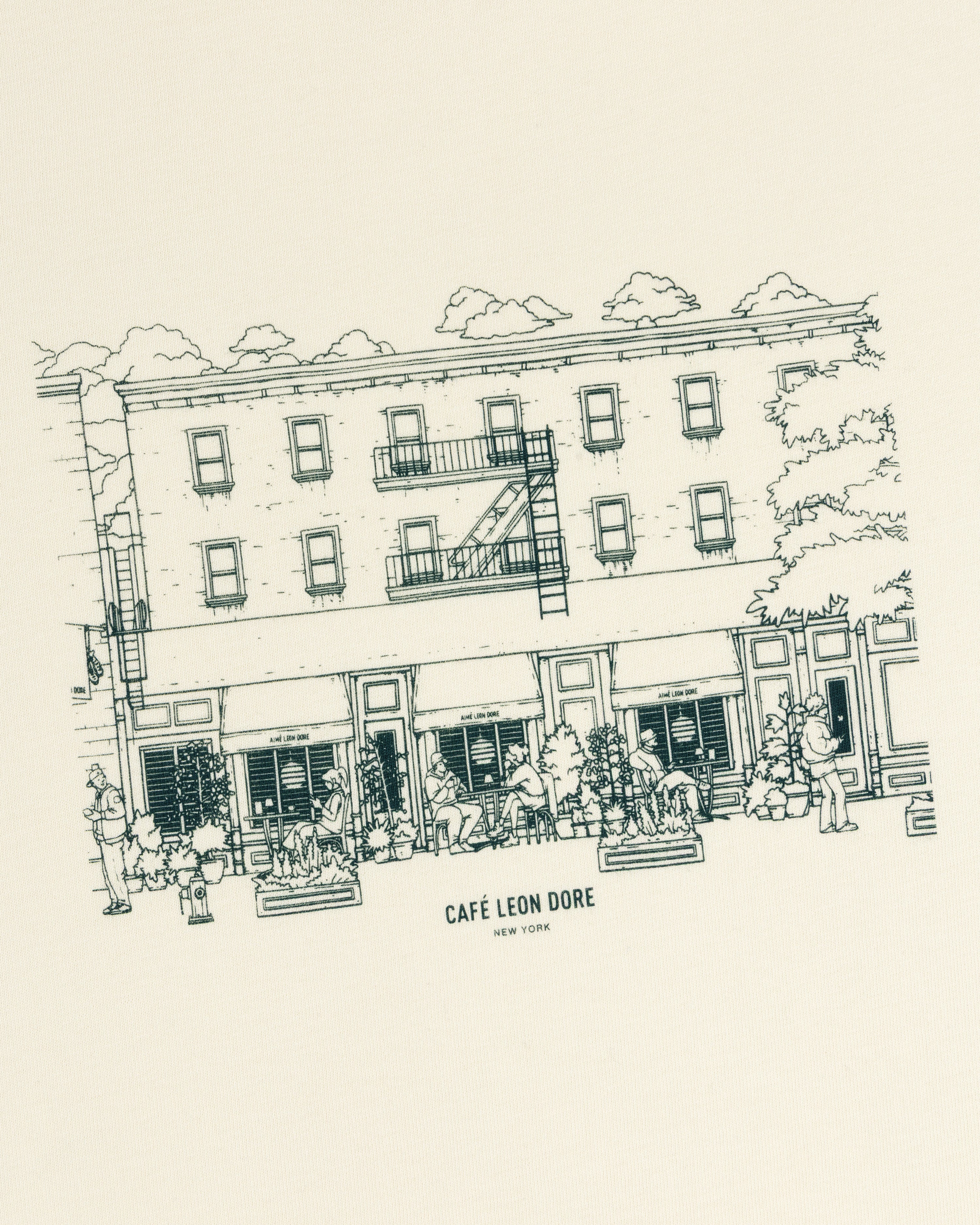 Line drawing of café with people outside; text reads Café Leon Dore New York. Café Leon Dore Storefront Tee.