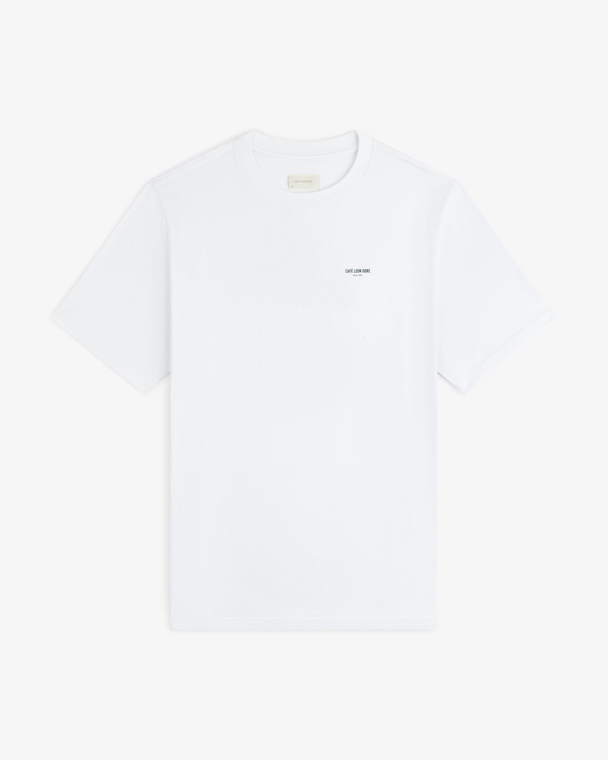 Café Leon Dore Caricature Tee: white short-sleeve shirt with small black text on left chest, on white background.
