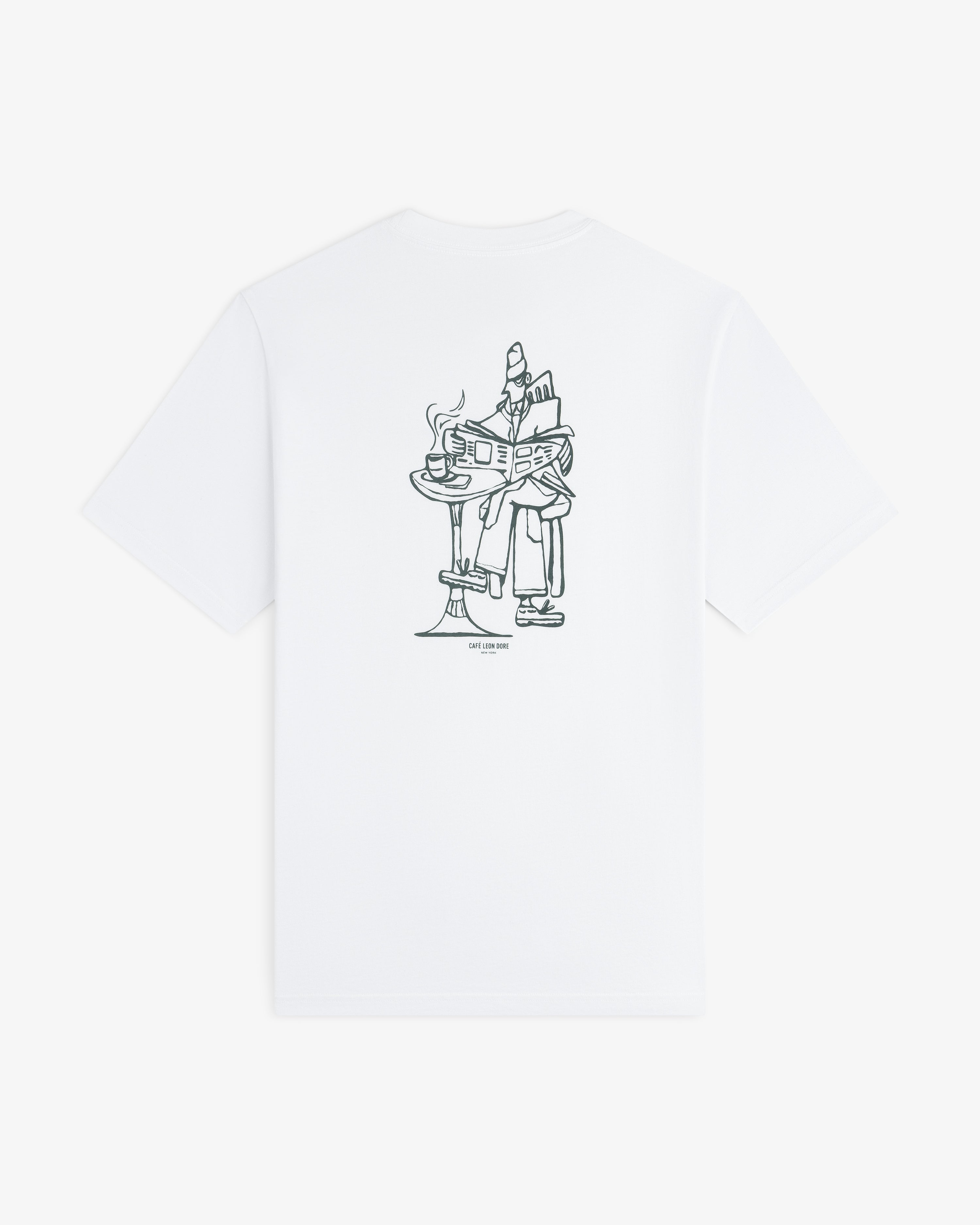 Café Leon Dore Caricature Tee: White shirt featuring a line art person at a table with coffee and book on the back.