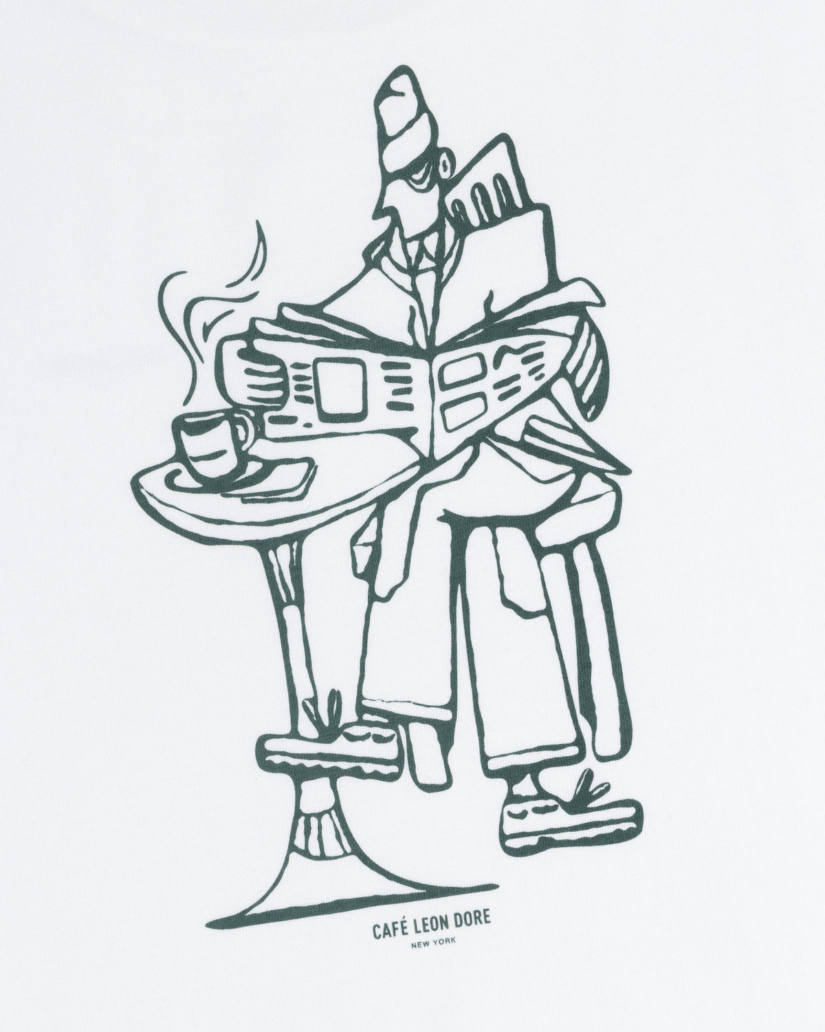 Line drawing of a person reading with coffee at a table. Text: Café Leon Dore Caricature Tee, New York.