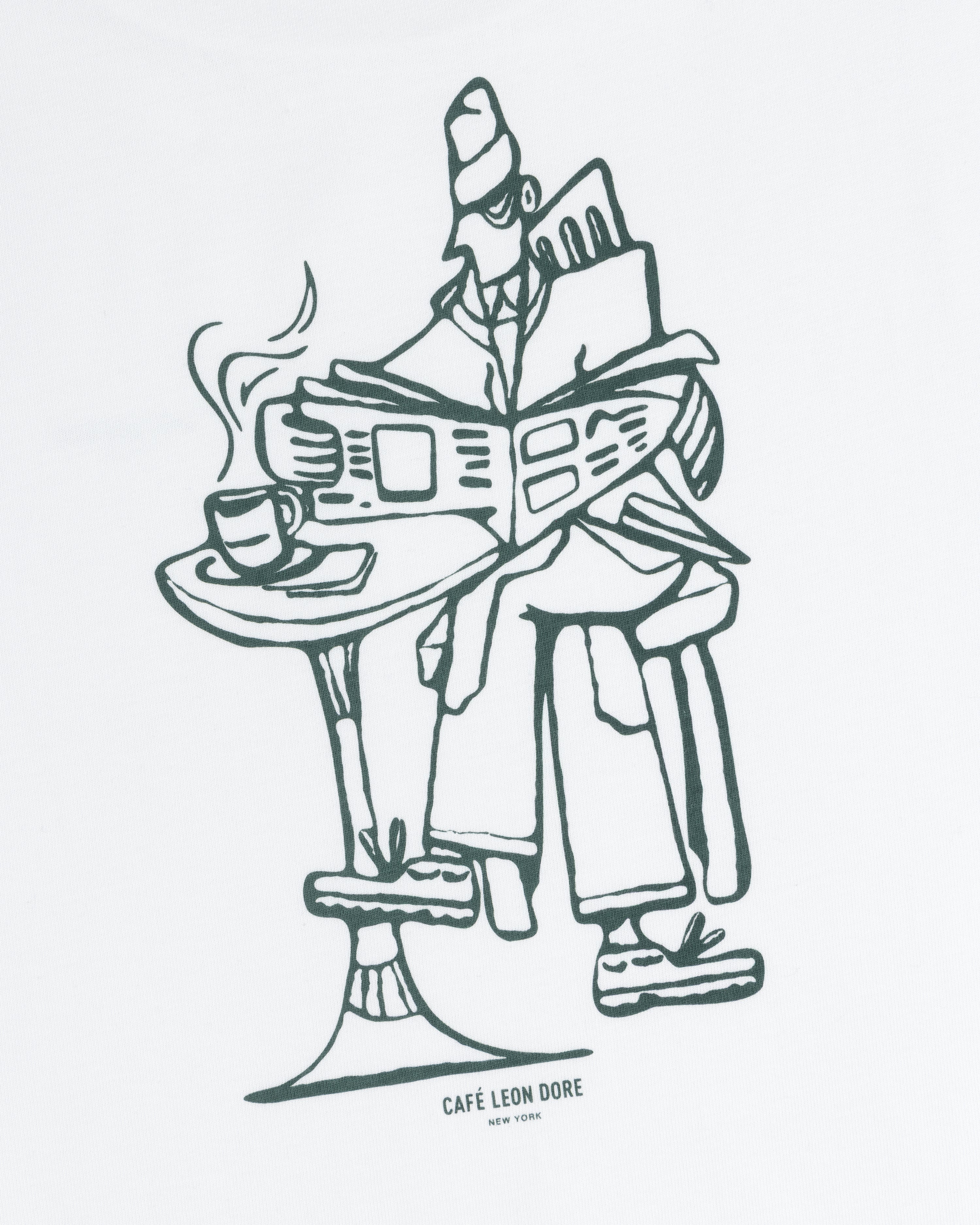 Line drawing of a person reading with coffee at a table. Text: Café Leon Dore Caricature Tee, New York.