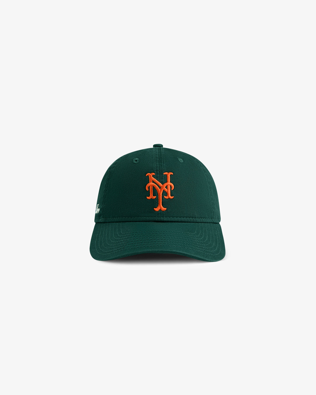 Dark green ALD/New Era Mets Ballpark Hat with orange NY logo, shown front view on white background.