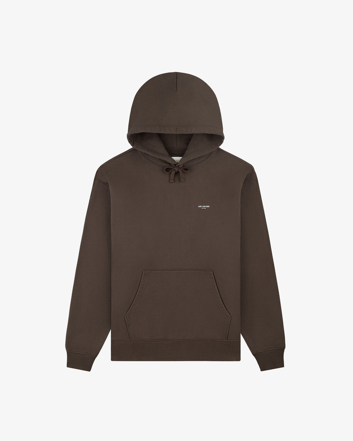 Micro Logo Hoodie in brown with front pocket and small white chest text, shown on a plain white background.