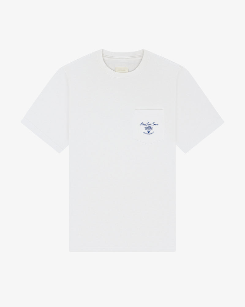 General Store Pocket Tee: white short-sleeve shirt with chest pocket and blue text/logo embroidery.