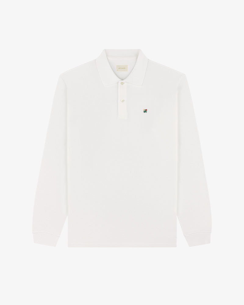 Long-Sleeve Crest Piqué Polo featuring a collar, buttons, and a small embroidered logo on the left chest.
