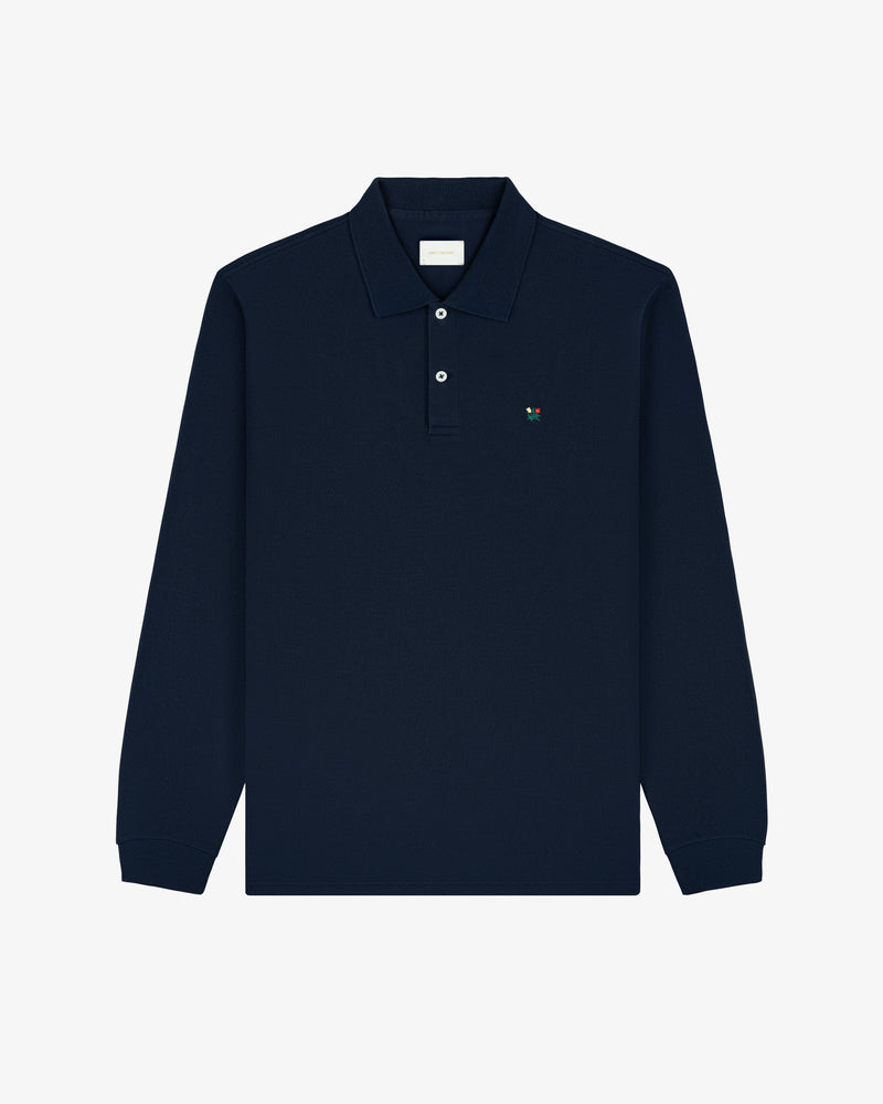Long-Sleeve Crest Piqué Polo in navy blue with buttons and a small embroidered logo on the left chest, flat lay.