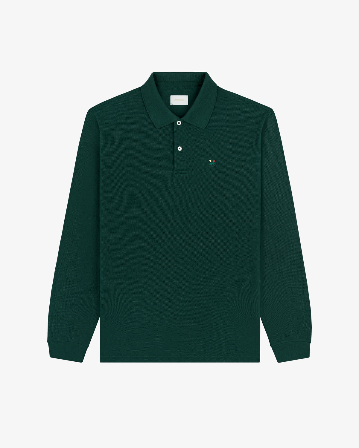 Dark green Long-Sleeve Crest Piqué Polo with collar and small logo on left chest, shown on a white background.