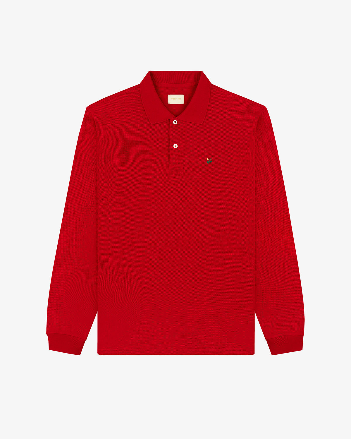 Long-Sleeve Crest Piqué Polo in red with a small embroidered logo on the chest, laid flat on white.
