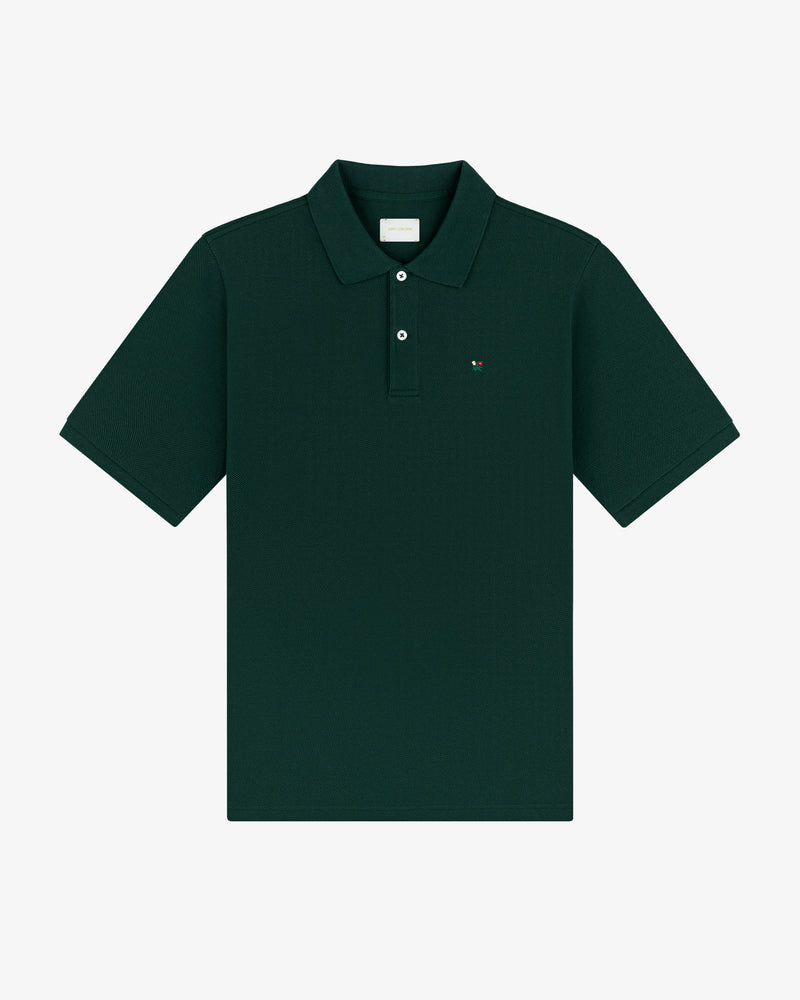 Crest Piqué Polo: dark green, short-sleeve, collared with buttons and a small logo on the left chest.
