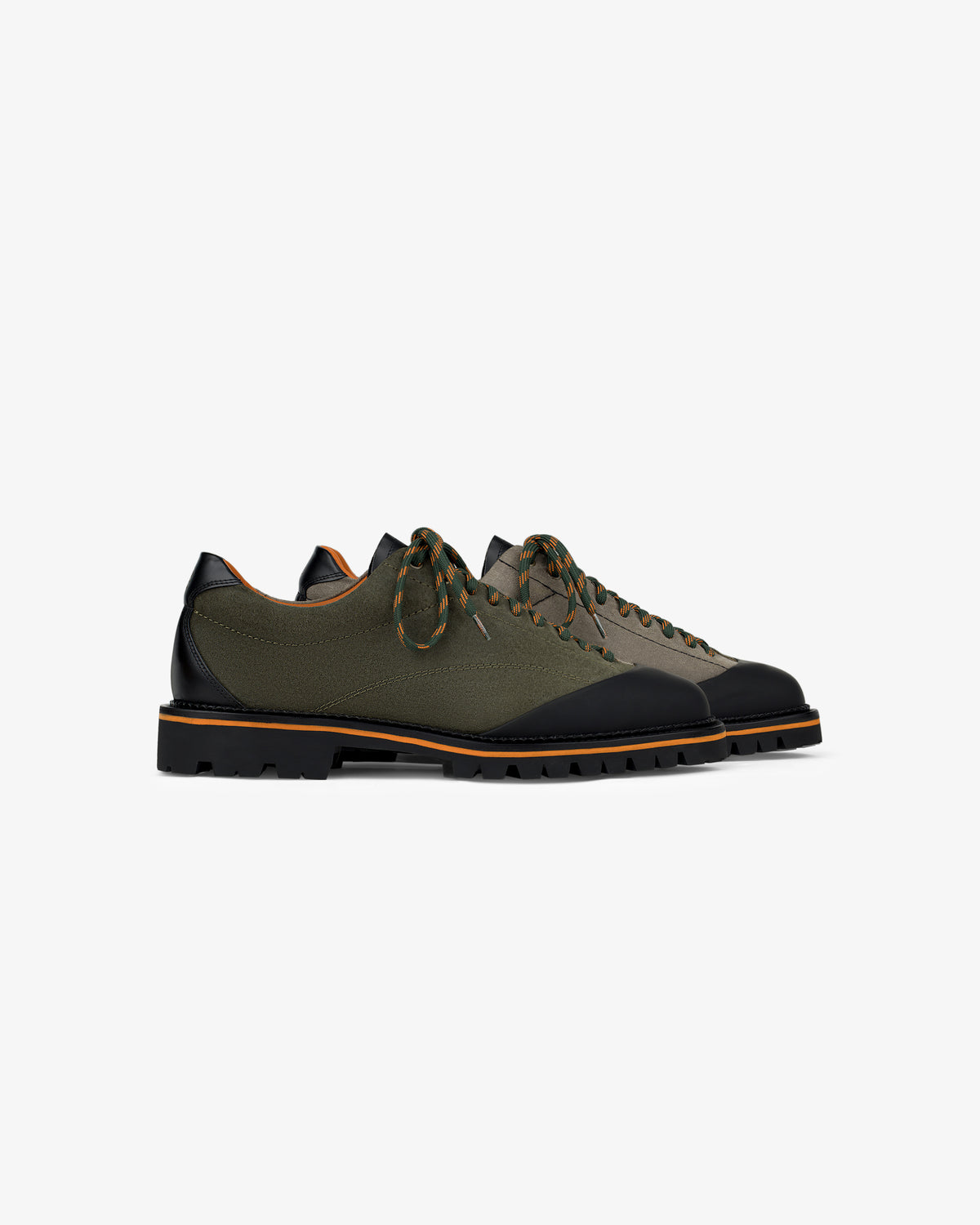 Suede Derby Hiker: Olive green and black low-top lace-up shoes with rugged soles on white background.